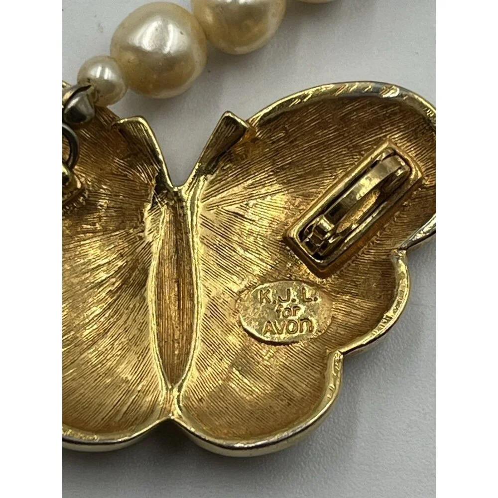 VINTAGE Kenneth Jay Lane KJL for Avon Pearl Enamel Crystal Butterfly Necklace - Picture 13 of 16